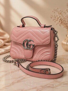 Authentic Gucci GG Marmont Top Handle Bag Pink Matelassé Leather Crossbody